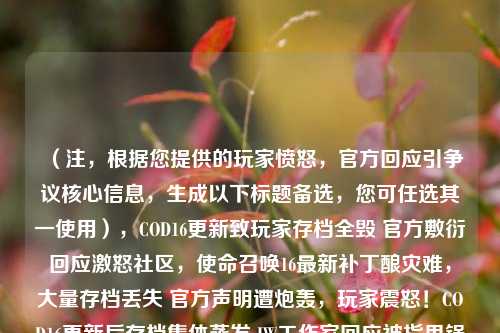 (注,根据您提供的玩家愤怒,官方回应引争议核心信息,生成以下标题备选,您可任选其一使用),COD16更新致玩家存档全毁 官方敷衍回应激怒社区,使命召唤16最新补丁酿灾难,大量存档丢失 官方声明遭炮轰,玩家震怒!COD16更新后存档集体蒸发 IW工作室回应被指甩锅,我们的错但没法修,COD16更新爆存档BUG 官方摆烂态度引炎上,毁灭性更新!COD16玩家数百小时进度消失 开发商冷处理引爆舆论,(您最初提供的标题已非常完整,以上仅为不同风格的扩展版本,建议保留原标题的简洁性,若需强化冲突性可选用第