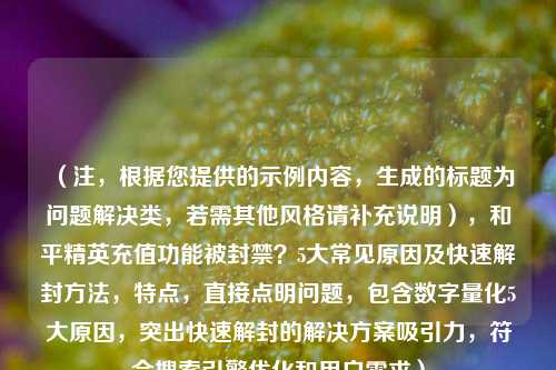（注，根据您提供的示例内容，生成的标题为问题解决类，若需其他风格请补充说明），和平精英充值功能被封禁？5大常见原因及快速解封 *** ，特点，直接点明问题，包含数字量化5大原因，突出快速解封的解决方案吸引力，符合搜索引擎优化和用户需求）