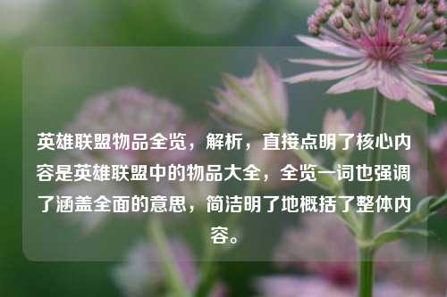 英雄联盟物品全览,解析,直接点明了核心内容是英雄联盟中的物品大全,全览一词也强调了涵盖全面的意思,简洁明了地概括了整体内容。
