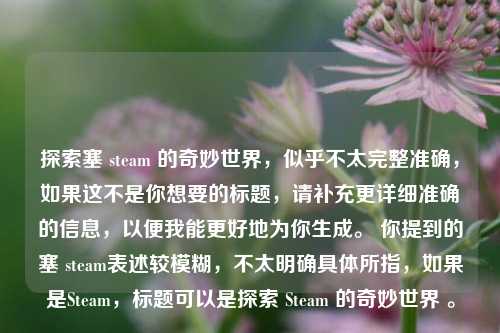 探索塞 steam 的奇妙世界,似乎不太完整准确,如果这不是你想要的标题,请补充更详细准确的信息,以便我能更好地为你生成。 你提到的塞 steam表述较模糊,不太明确具体所指,如果是Steam,标题可以是探索 Steam 的奇妙世界 。