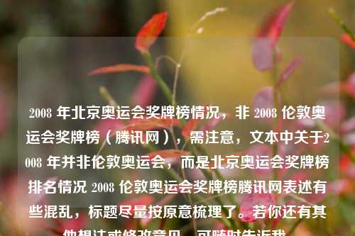 2008 年北京奥运会奖牌榜情况，非 2008 伦敦奥运会奖牌榜（腾讯网），需注意，文本中关于2008 年并非伦敦奥运会，而是北京奥运会奖牌榜排名情况 2008 伦敦奥运会奖牌榜腾讯网表述有些混乱，标题尽量按原意梳理了。若你还有其他想法或修改意见，可随时告诉我。